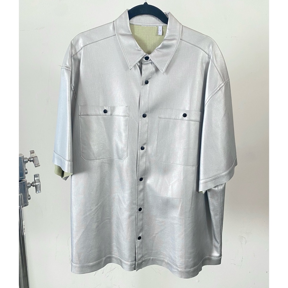 Asos men's matte silver metallic faux vegan leather collared button up shirt XL